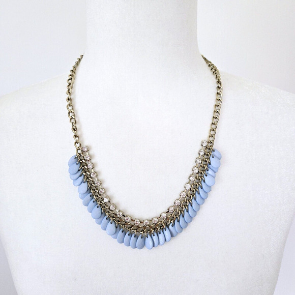 Statement Necklace Blue Beads Rhinestone Goldtone Chain Classic Retro Cocktail - Picture 6 of 12